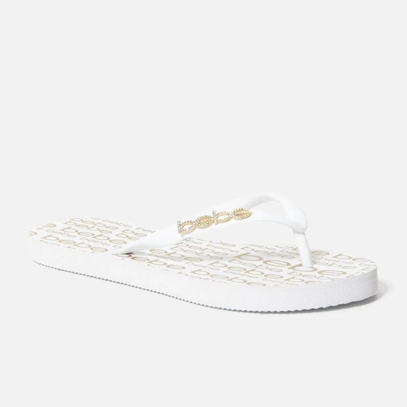bebe Shoes - Bebe Samirah White/Gold Logo Flip Flop Sandals Women's Size Medium (7-8)